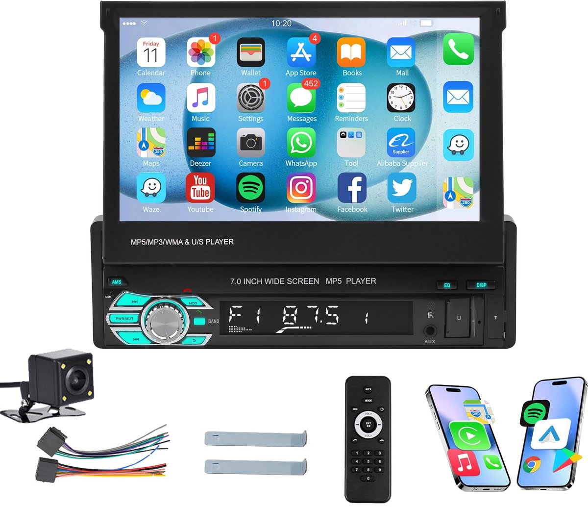ESSGOO 1Din Autoradio Met Achteruitrijcamera - Apple Carplay & Android Auto - 7" HD Touchscreen Handmatig Opvouwbaar Scherm - USB, AUX, Bluetooth - FM, EQ, TF
