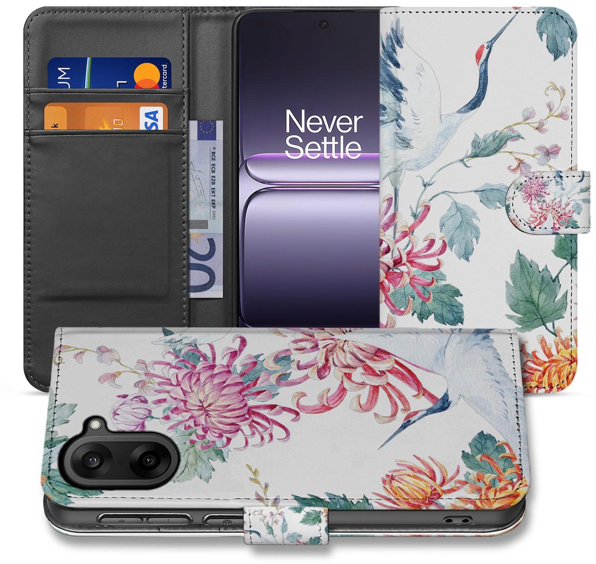 Stijlvol Bird Flowers Print Book Case voor OnePlus Nord CE 5 met Pasjes en Bescherming