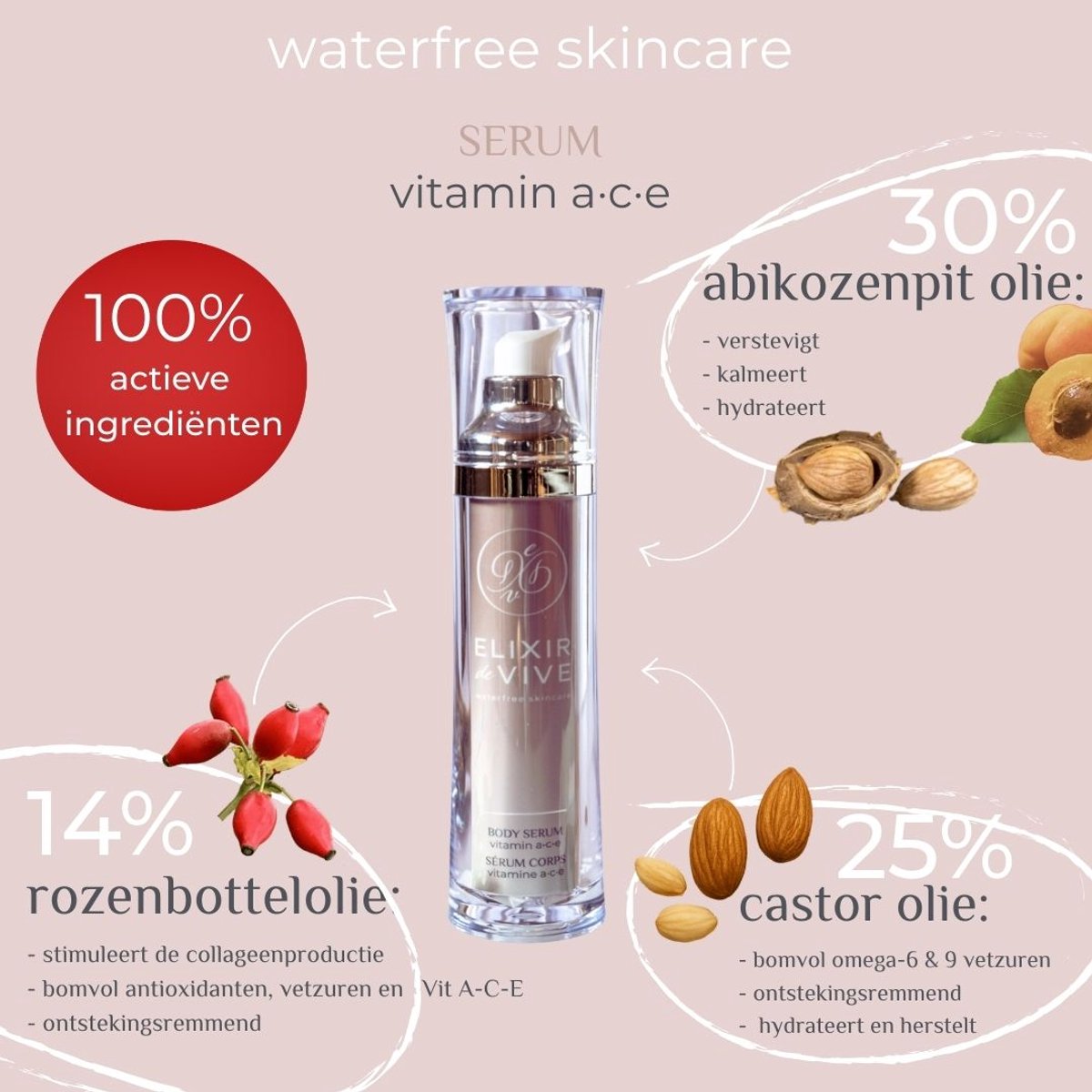 Vitamin ACE Serum; watervrij, anti-aging, VEGAN, microplastics vrij, anti-oxidanten, monoi.