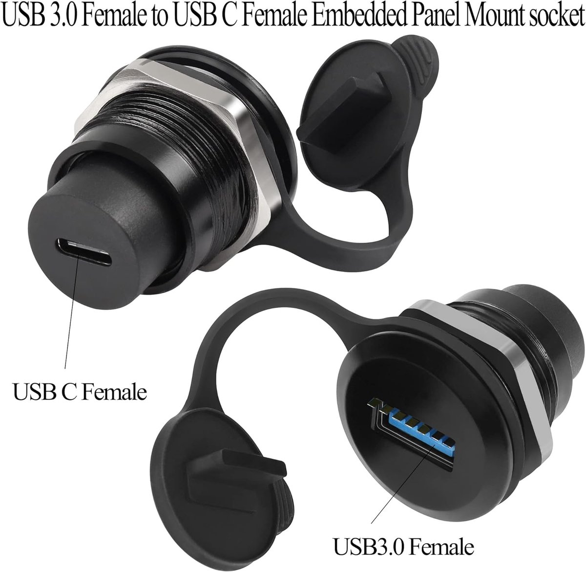 Zazitec USB 3.0 (v) naar USB-C (v) Paneel Connector - Ronde Inbouw Adapter - 5Gbps - Met Waterdichte Stofkap - Zwart