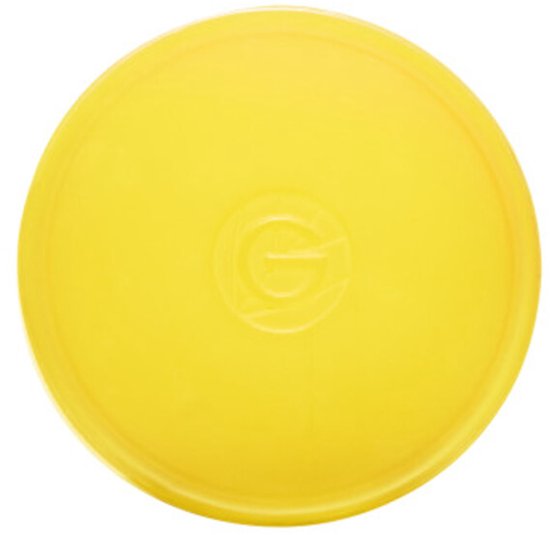 Gele deksel van een Garnier crème pot, met een subtiel G-logo in reliëf.