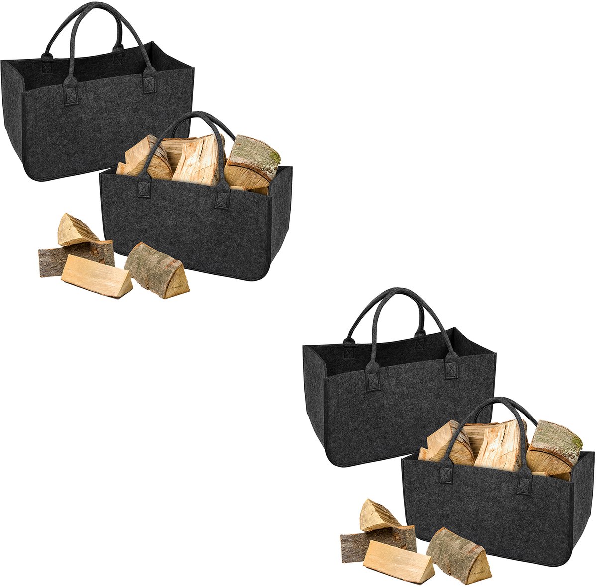 Aufun Filztassen 4 Stuks - Opvouwbare Shopper Filztas voor Kachelhout, Tijdschriften & Opbergen - Kachelhoutmand Filztas (50 x 25 x 25 cm, Donkergrijs)