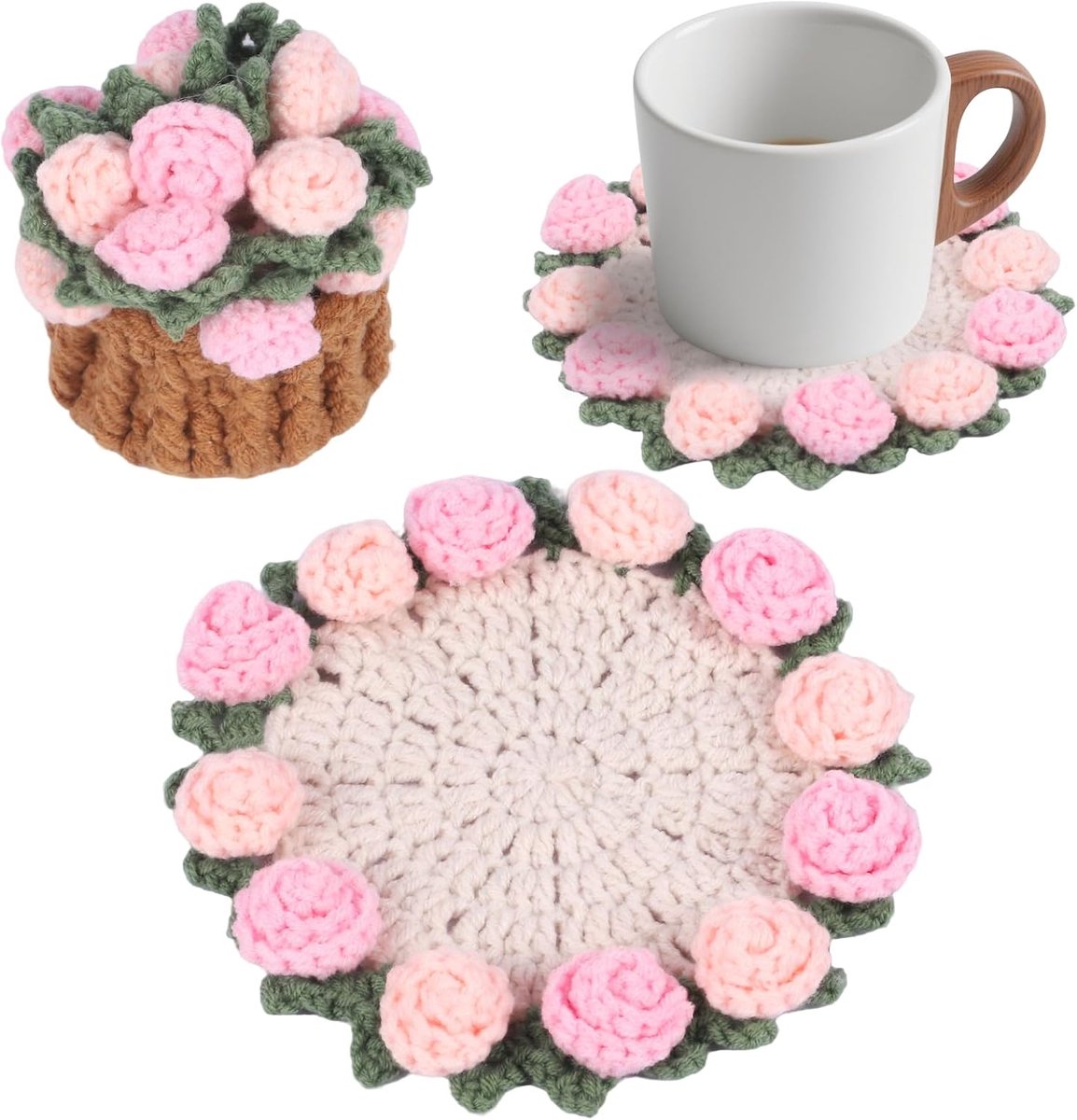 Onderzetters - Inclusief mini-mandje - Onderzetters met bloemenmotief - Vintage rozendesign - Geschikt voor salontafels, bruiloften, housewarmingfeesten, verjaardagen, enz.(Roze)