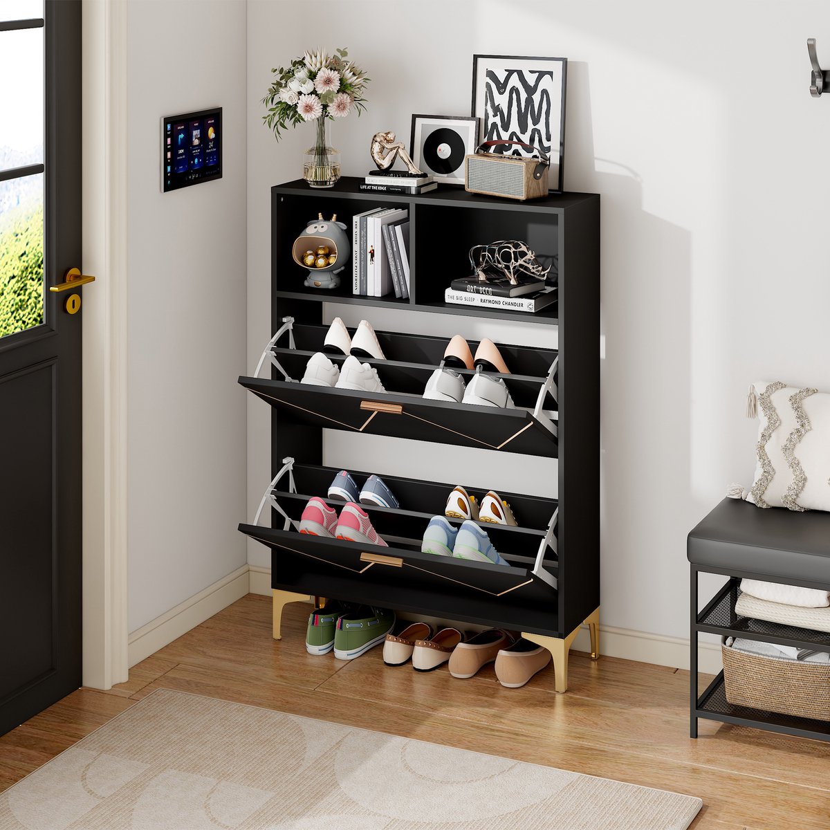 STILVORA Schoenkast - Schoenenkast Met 2 Klapdeuren En 4 Schappen - Halfopen Opbergvakken En Verhoogd Onderstel - MDF - 80x25x117 cm - Zwart