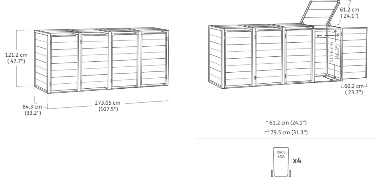 Keter Hide Away Containerberging - 4x 240L - Ashwood