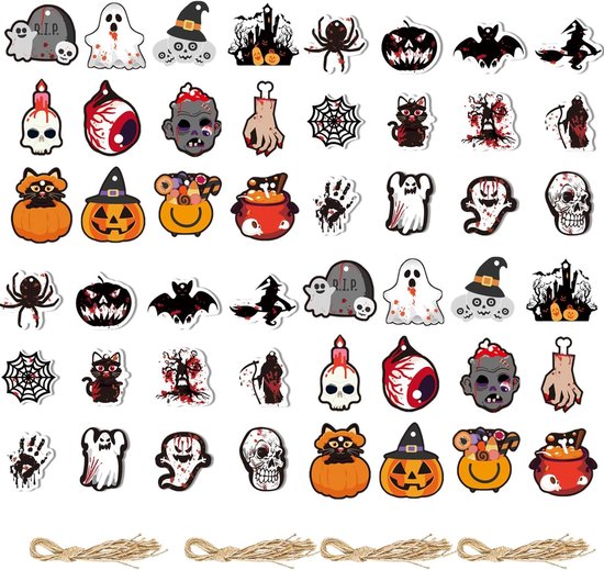 48pcs Halloween Hangende Ornamenten - Mini Kleine Pendants - Halloween Papier Boom Pendants - Pompoen Geest Riemen - Heks Kat Spinnen Vleermuizen Ornamenten - Voor Halloween Decoratie