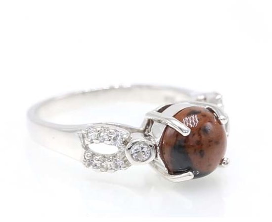 Cavill Bague Argentée Acajou Obsidienne 1,4 ct avec Topaze Blanche 925 Argent Sterling Élégante Pierres Précieuses Naturelles Cabochon Bague
