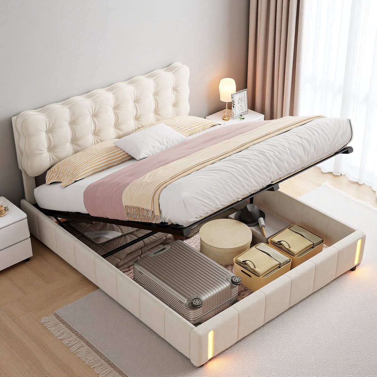 Opbergbed Beige Fluwelen Boxspring met Opbergruimte en LED-verlichting - Opbergbed - €279,99
