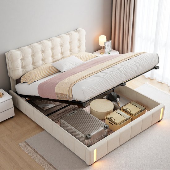 Lit de rangement 160x200 cm – Lit double – Lit avec relevage à gaz en velours beige – Avec espace de rangement et éclairage du panneau de pied LED