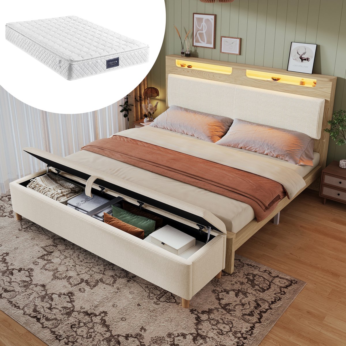 HAUSS SPOLE Gestoffeerd bed 140x200 cm – Tweepersoonsbed met opberghoofdeinde en LED – Met opbergbank – Cordstof rugleuning op eikenlook frame – Met matras – Beige