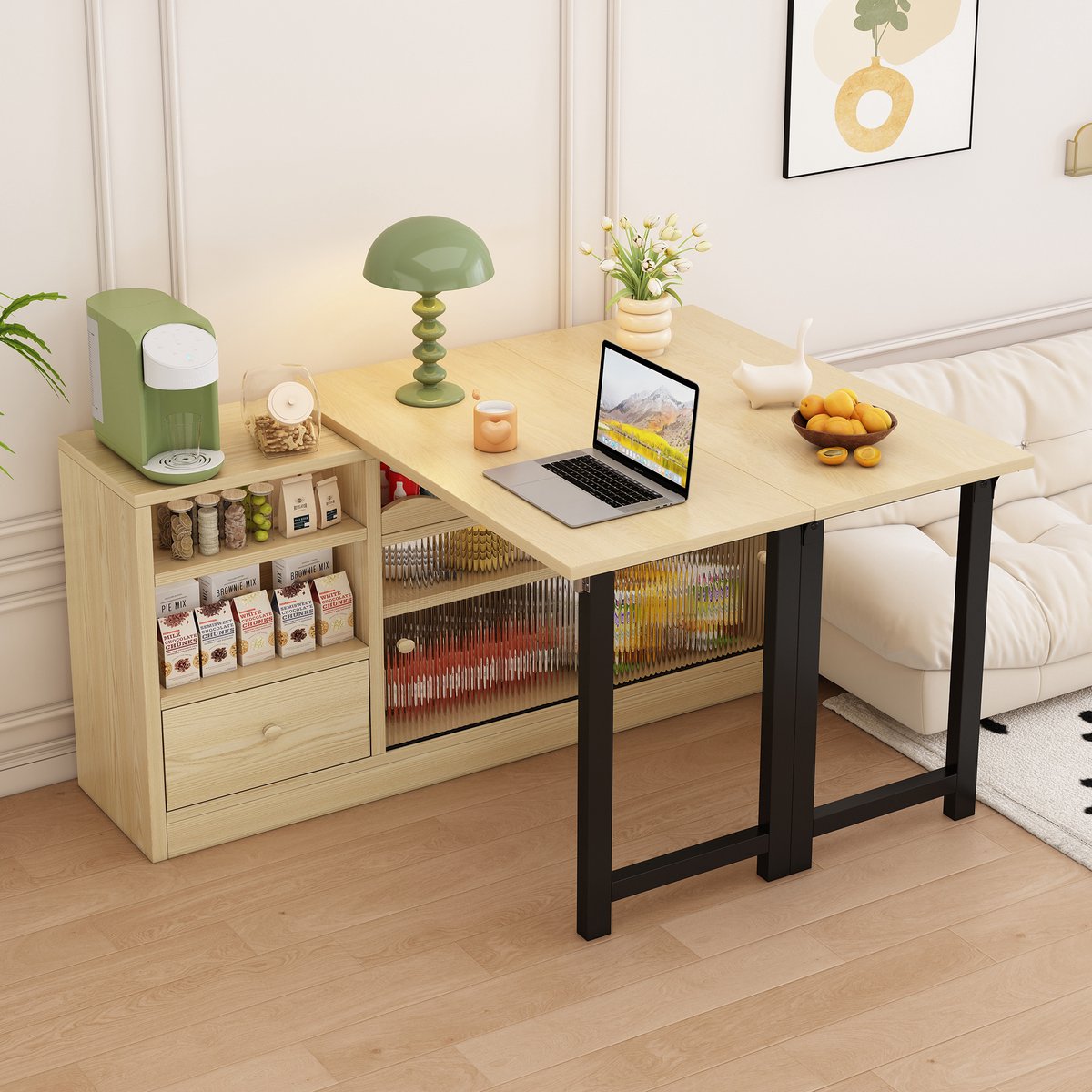 STILVORA Dressoir - Uitklapbare Eettafel Met Opbergruimte - Lade En Glas Schuifdeur - Multifunctioneel Voor Kleine Ruimtes En Bartafel - MDF;Metaal - Bruin+Zwart