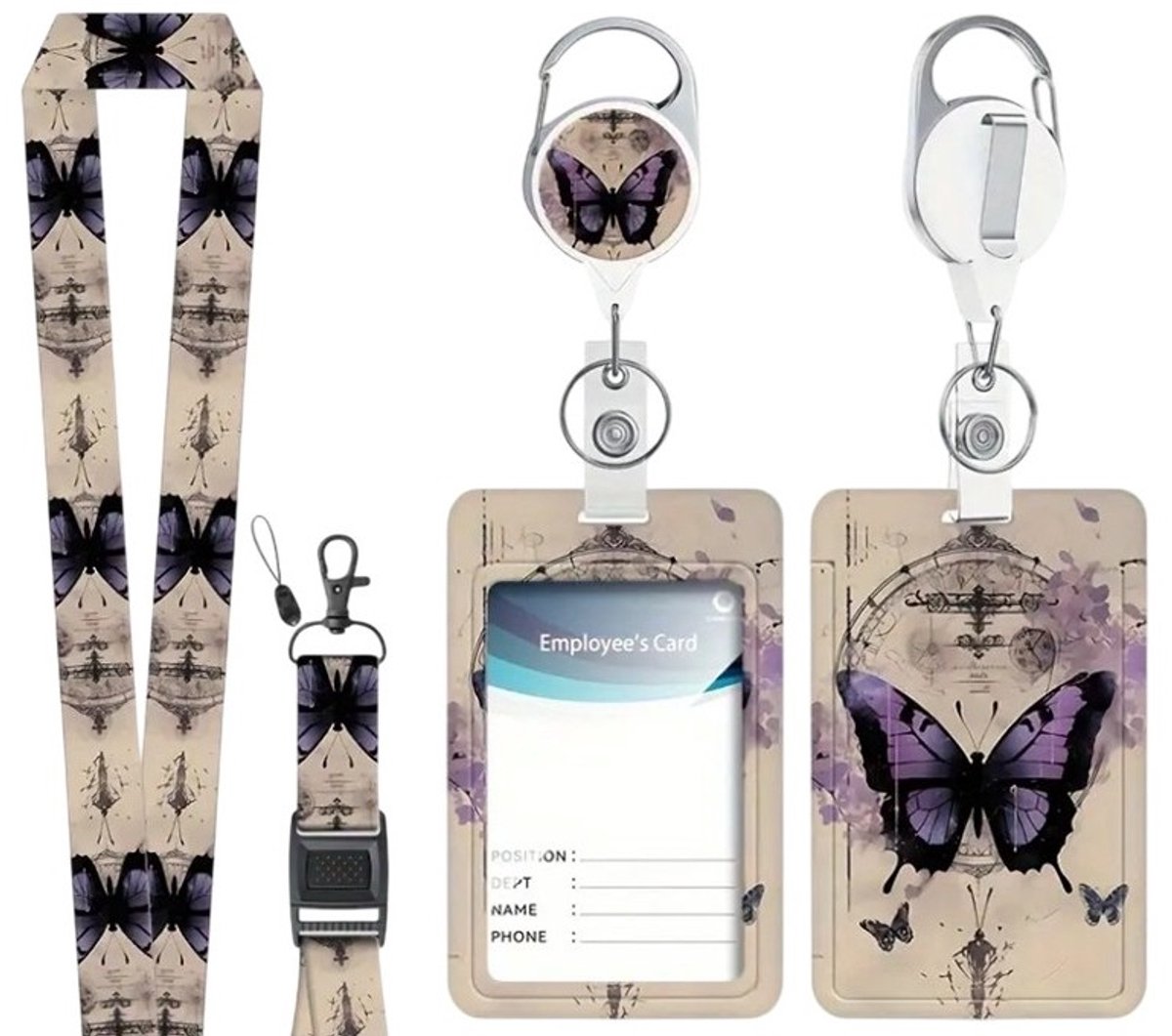 Mj Joys® – Afneembare Lanyard – Badgehouder met trekkoord - Trekkoord met Sleutelhanger - Uitschuifbare Badgehouders met Clip - Nekkoord - Telefoonkoord - Badge Houder - Badgehouder met afrolmechanisme - Vlinder Paars Beige