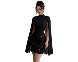 Zwarte Glitter Jurk - Cape Mouwen - Kort - Dames - Feest - Dress