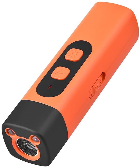 Oranje en zwarte ultrasone hondentrainer met twee knoppen en een luidspreker aan de voorkant.