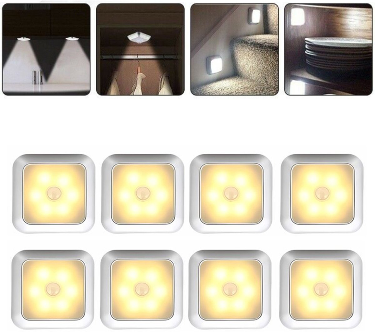 LED Lamp met Bewegingssensor, 8 LEDs Warm Wit Nachtlamp op Batterijen, Draadloze Magnetische Kastverlichting en Trapverlichting voor Gang, Badkamer, Slaapkamer, Keuken
