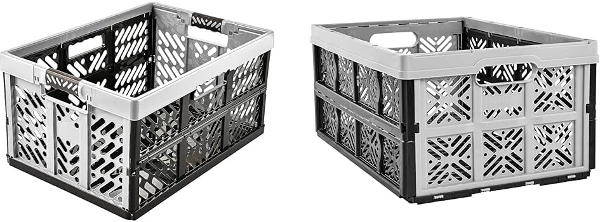 IMPERATORIS® Klapkrat - Vouwkrat - Opvouwbare Boodschappenkrat - Stapelbaar - Robuust Kunststof - 45L en Lea 32L - Voor Auto en Thuis - 2 Stuks - Lichtgrijs
