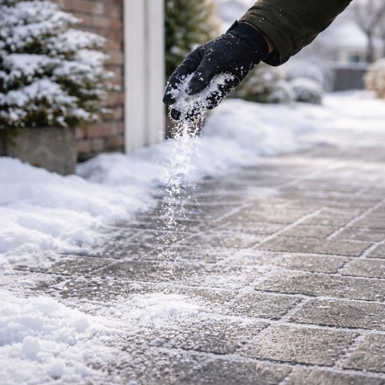 Hand met zwarte handschoen strooit witte korrels op besneeuwde stenen tegels.