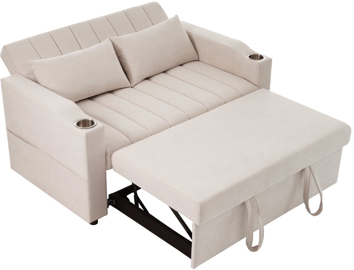 Merax 2-Zits Multifunctionele Slaapbank – Verstelbare Rugleuning – Slaapsofa met Opbergruimte en RVS Bekerhouders – Inclusief Kussens – Beige – 150 kg per Zitplaats