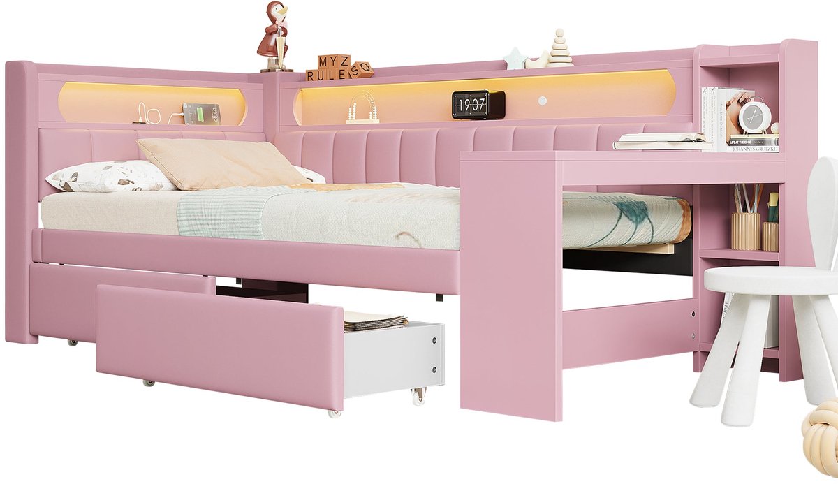 Merax Kinderbed 90x200 met Bureau – Eenpersoonsbed LED Verlichting en USB – Opberglades – Moderne Gestoffeerde Constructie – Roze