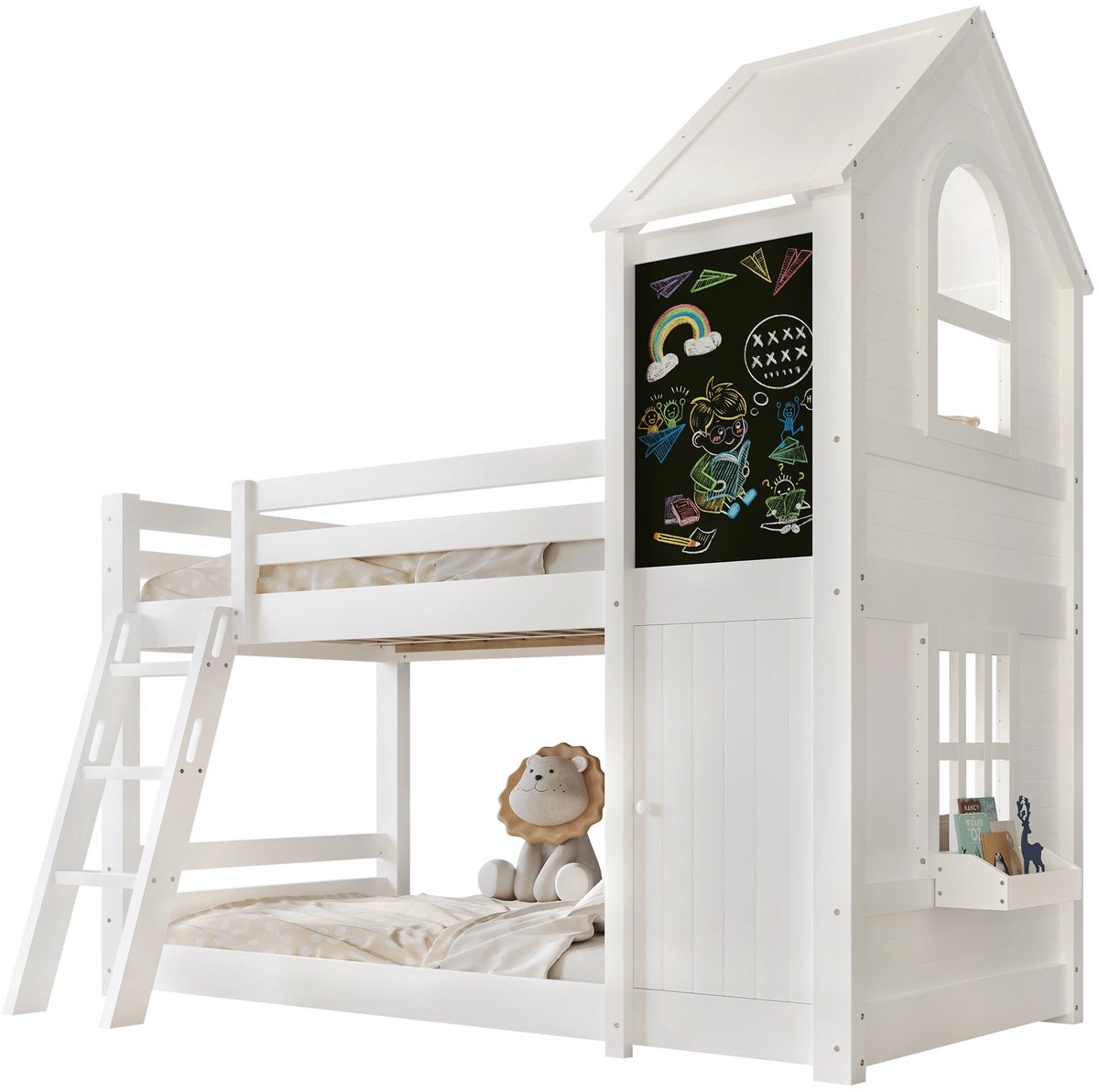 Merax Stapelbed Voor Kinderen 90x200 - Wit - Bed In Huisvorm Met Dak En Ramen - Met Deurtje En Krijtbord - Schuine Ladder Met 3 Treden - Stabiele Lattenbodem - Massief Hout En MDF - Zonder Matras