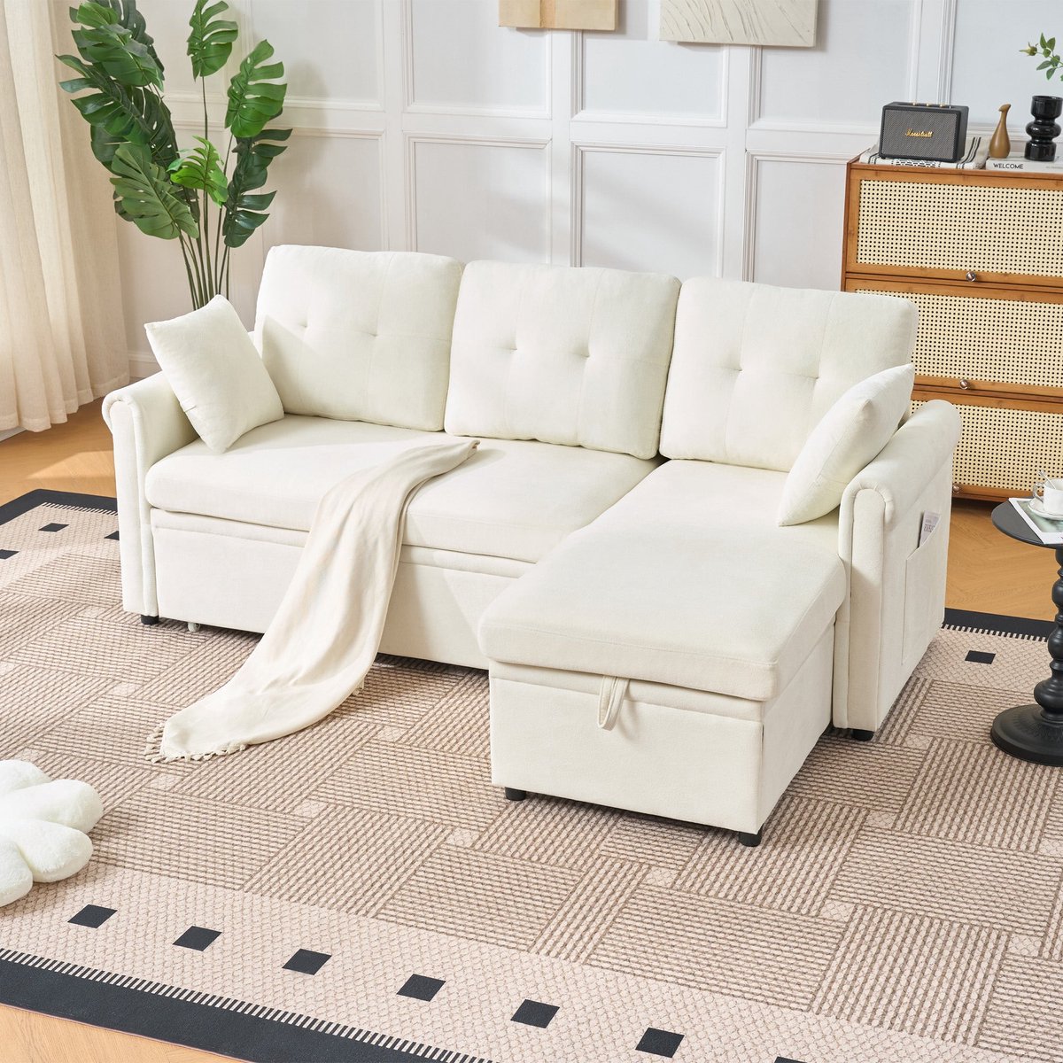 Merax Hoekbank met Slaapfunctie & Opbergruimte - L-Vorm Slaapbank 3-Zits - Omkeerbare Chaise Longue - Chenille Bekleding - Beddengoedkist & Zijvak - Beige