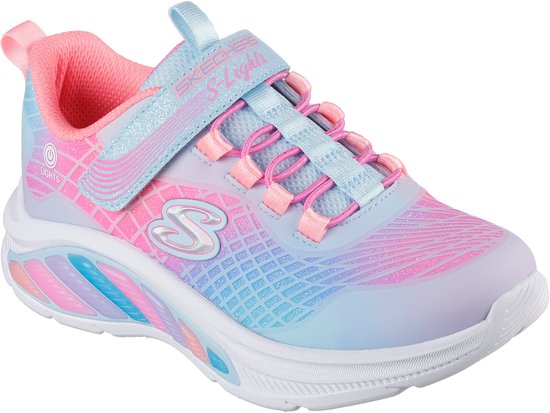 Kinder sneaker in roze, paarse en blauwe gradiënt met glitterband en lichtjes. 'Skechers S-Lights' op de band.
