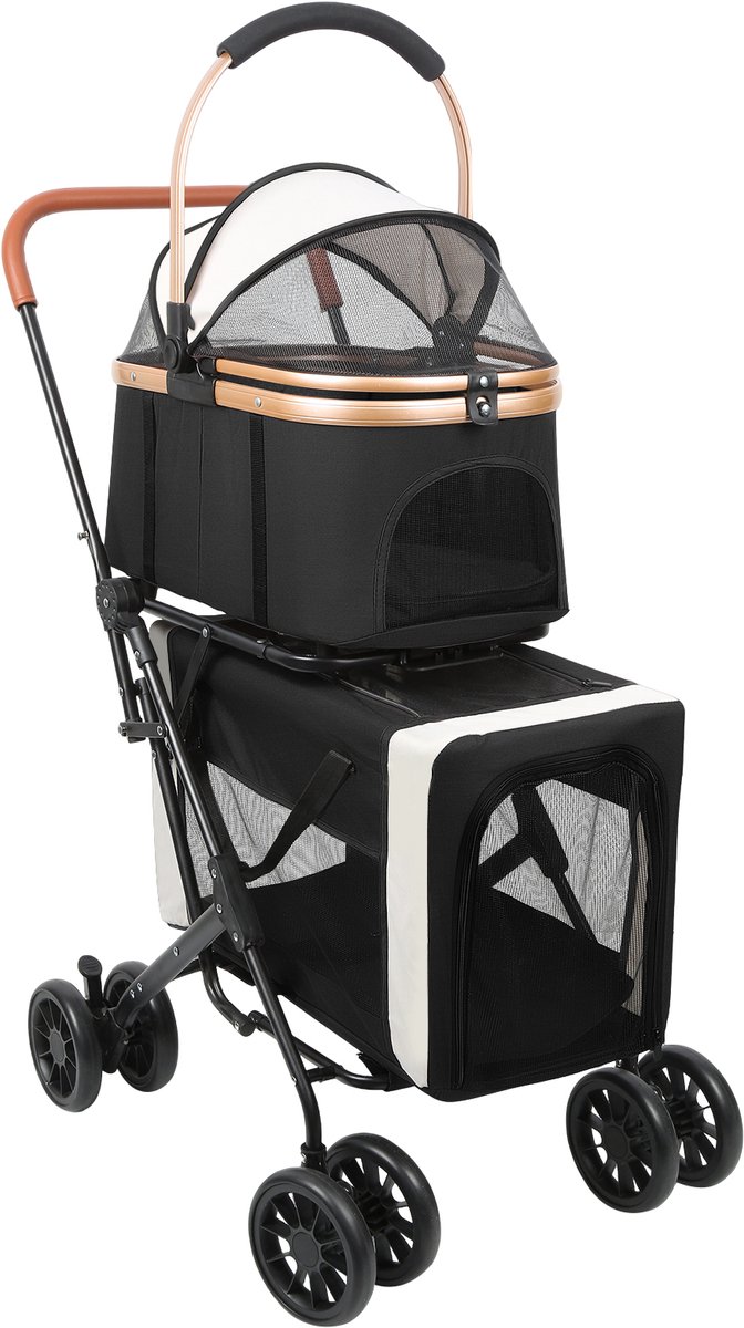 PIPIPOXER-Hondenbuggy Huisdierenwagen Huisdierenbuggy met veiligheidsgordel voor 2 honden, (2-delig), zwart