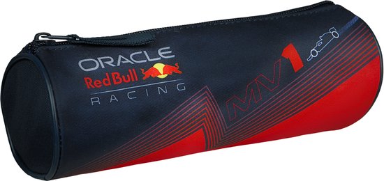 Cilindrische etui in donkerblauw en rood met Red Bull Racing logo, 'MV1' en raceauto.