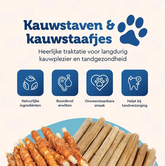 Een close-up van verschillende soorten kauwstaafjes en kauwbotten voor honden, met de tekst 'Kauwstaven & kauwstaafjes' en vier iconen: 'Natuurlijke ingrediënten', 'Boordevol eiwitten', 'Onweerstaanbare smaak' en 'Helpt bij tandverzorging'.