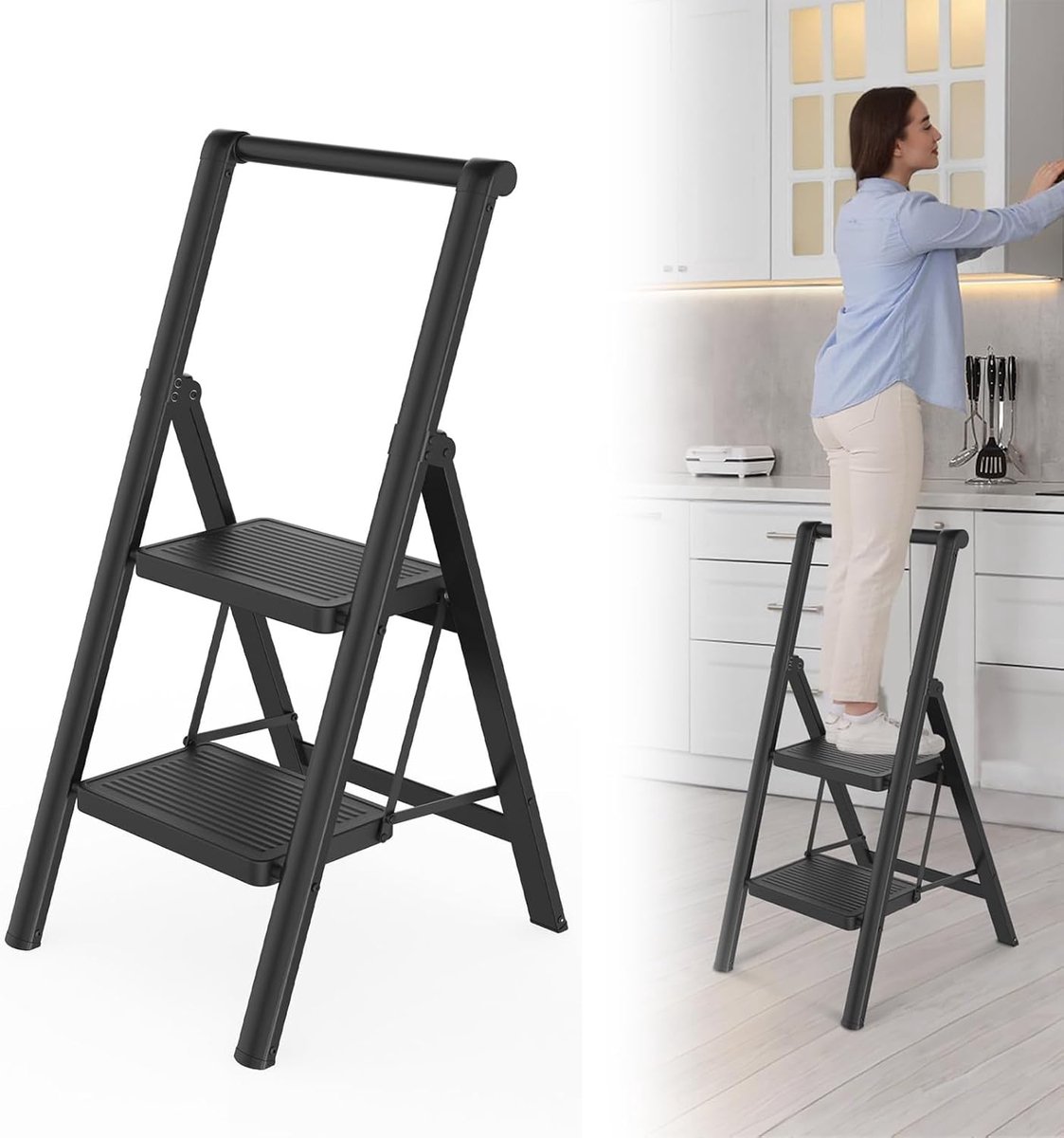 Aufun opvouwbare trap – 2 treden – antislip – met leuning – ijzeren huishoudtrap – draagvermogen tot 250 kg – voor thuis, keuken en buiten