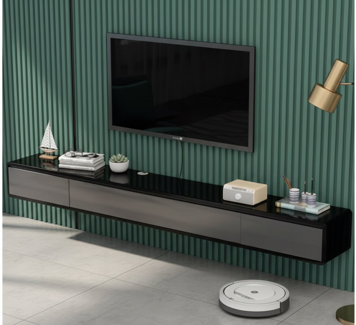 Zwevend TV Meubel Wandmontage met Lades en Deur – Floating TV Kast met Kabelmanagement – Modern Media Meubel voor Woonkamer & Appartement – Grijs/Zwart – 140 of 160 cm – House&Garden