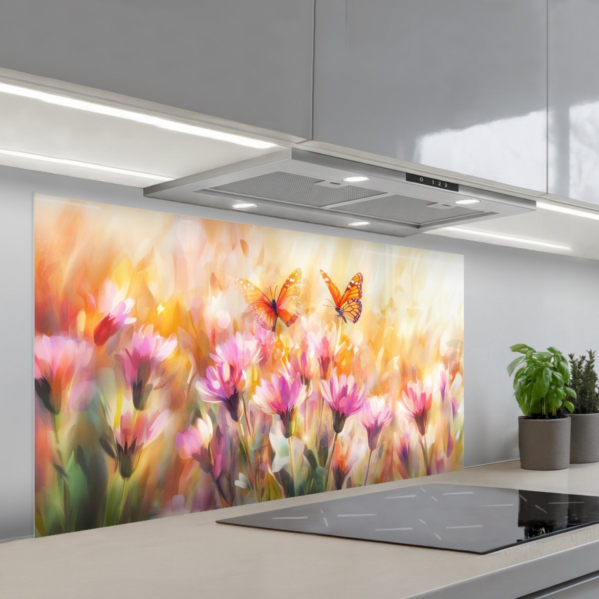 Spatscherm 120x60 cm - Zelfklevende achterwand Vlinders - Oranje - Bloemen - Keuken muurbeschermer - Spatwand fornuis