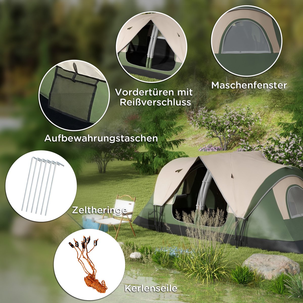 Outsunny Kampeertent Polyester, Glasvezel 450L x 215B x 180H cm Donkergroen – foto 8