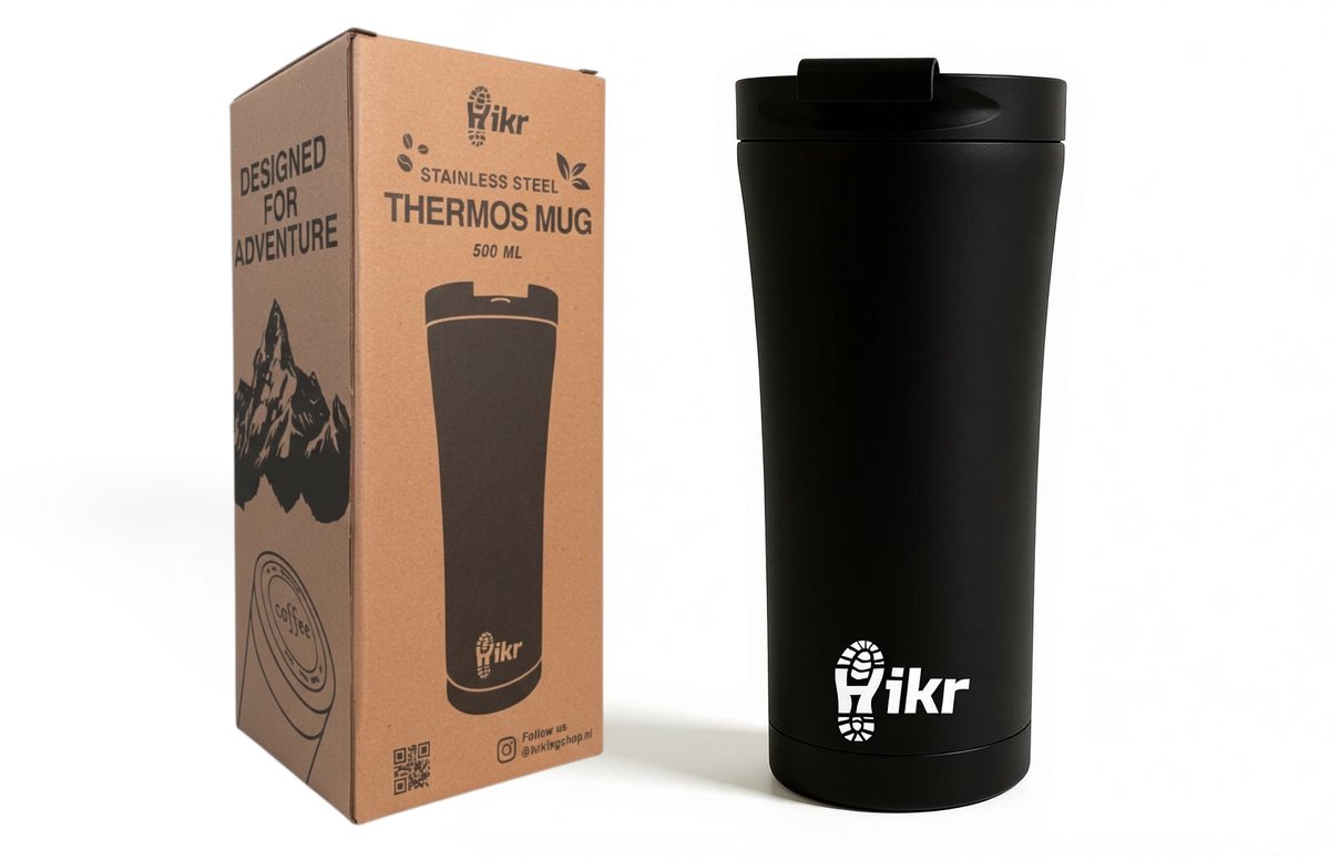 Hikr Thermosbeker to go 500ml – 18/8 RVS Koffiebeker – Reisbeker voor koffie en thee – Lekvrij & vacuüm – Zwart
