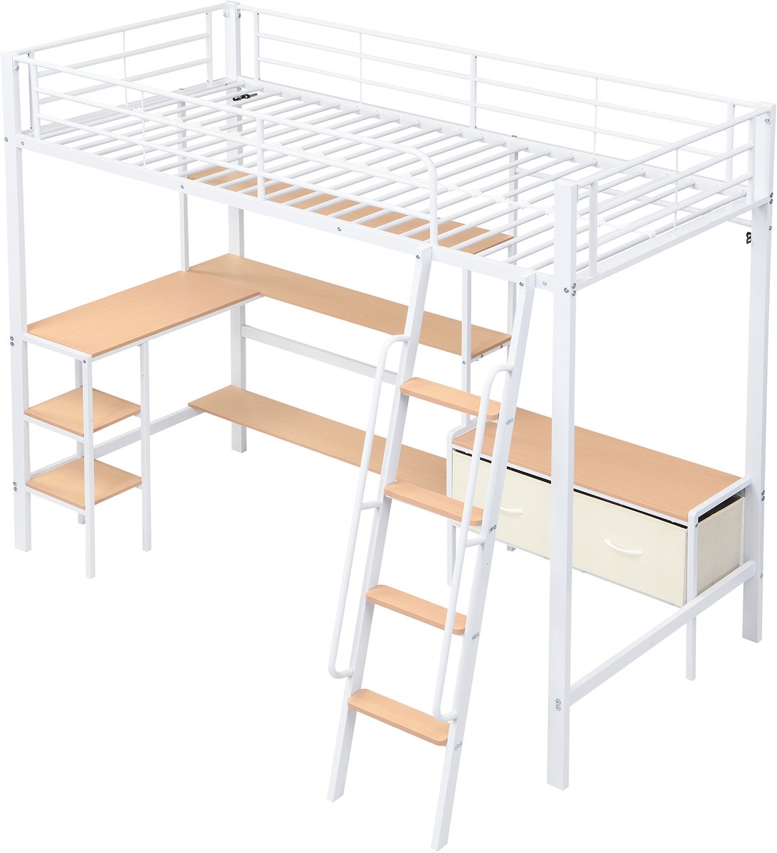 REDOM Hoogslaper 90x200 cm – Wit/naturel – Met bureau, opbergrek & 2 stoffen opbergboxen – Metaal/MDF