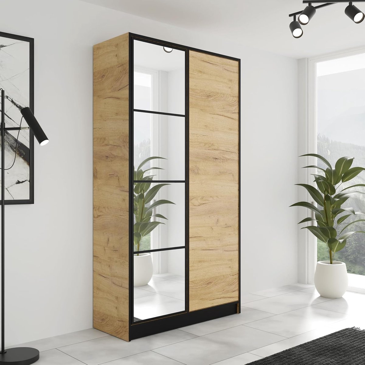 Moderne Spiegelkast voor Slaapkamer en - Eiken - Slaapkamer Hal Uittrekbare Kledingroede, 2-Deurs - Medahomestore