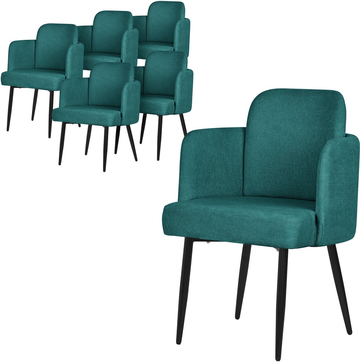 ml-design eetkamerstoel set van 6 benzine stoffen bekleding gestoffeerde stoel met armleuningen rieten rugleuning metalen poten ergonomische loungestoel woonkamer fauteuil stoel voor eetkamer eettafel stoel comfortabel modern praktisch design Petrol