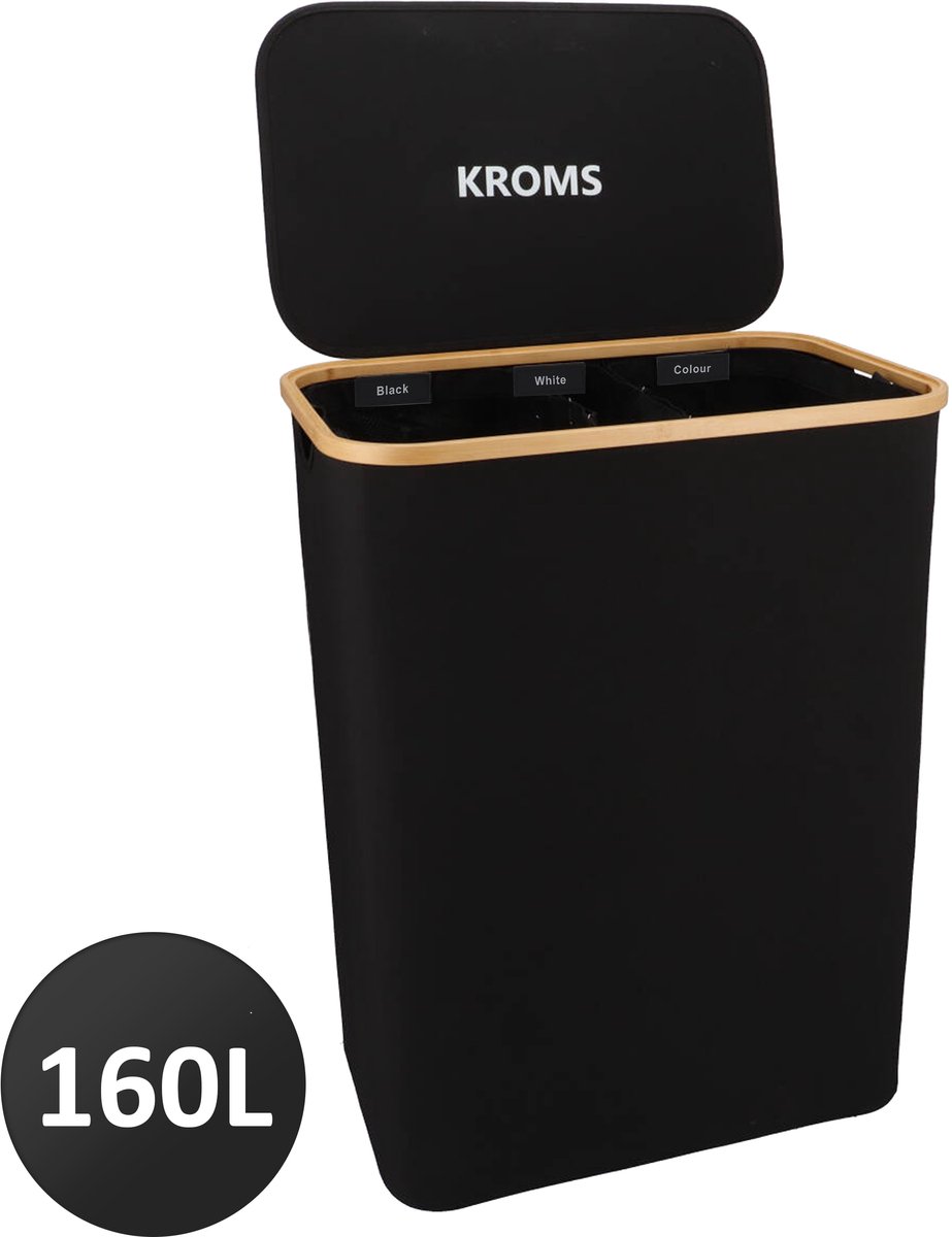 KROMS Wasmand 3 vakken - Zwart - 160L - Extra groot model - Inclusief NL & ENG Labels – Wassorteerder bamboe - Laundry basket - Wasmand met deksel - Opvouwbaar