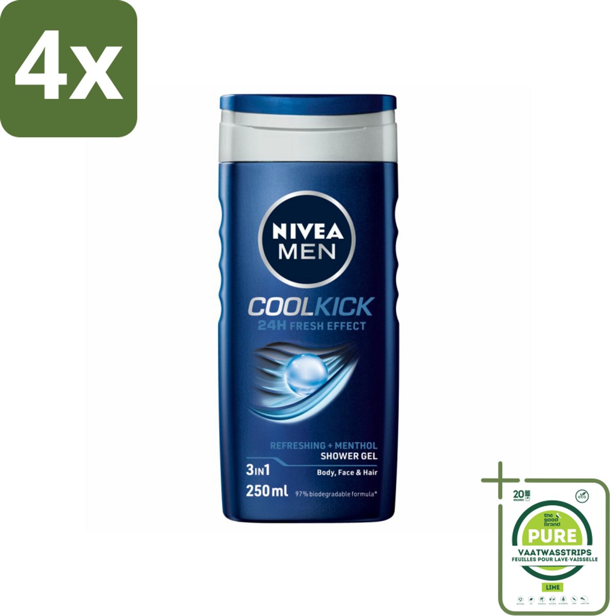 NIVEA MEN - Douchegel - Cool Kick - 250 ml - Voordeelverpakking - 4 stuks - Douchegel - Shampoo