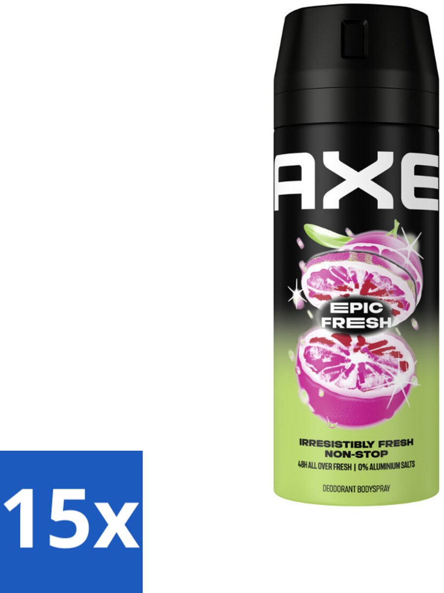 15 x AXE - Deodorant Spray - Epic Fresh - Citrus & Mint - Ultra Fris - 150 ml - AXE Epic Fresh - Deodorant Spray - Citrus Mint - Geur - Zweetbestrijding
