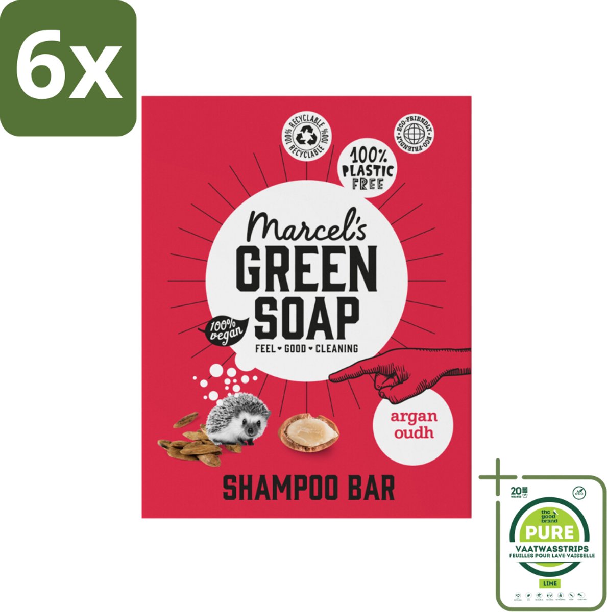 Marcel's Green Soap - Shampoobar - Argan & Oudh - Versterkt & verzorgt - 90 gr - Voordeelverpakking - 6 stuks - Shampoobar - Argan