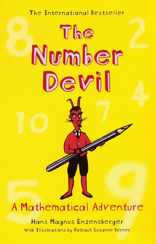 Boek "The Number Devil" met een rode duivel die een potlood vasthoudt op een gele achtergrond met cijfers.
