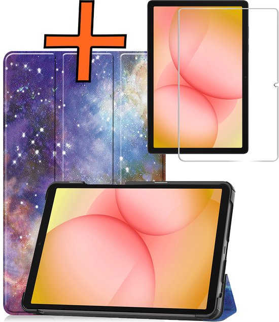 Étui pour tablette avec imprimé galaxie et protecteur d'écran.