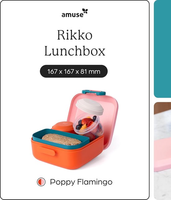 Amuse Rikko Poppy Flamingo Lunch Box - Bento Box - Boîte à Pain - Idéale pour la Préparation des Repas - 3 Compartiments