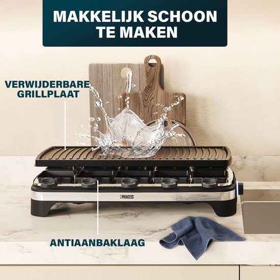 Princess Gourmetstel XL 162650 - Raclette 10 personen - Grill & Bakplaat - Groot 49x21cm - 2 meter snoer - Regelbare thermostaat - 1500W - Zwart - 10 pannetjes