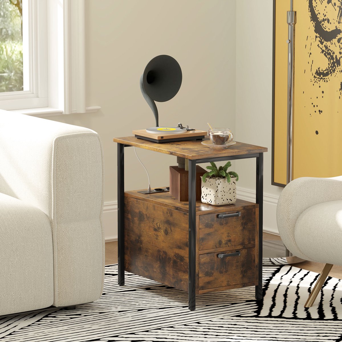 REDOM Luxe Industriële Bijzettafel met Oplaadstation (Stopcontact & USB) - Nachtkastje met 2 Lades - Vintage Bruin / Zwart