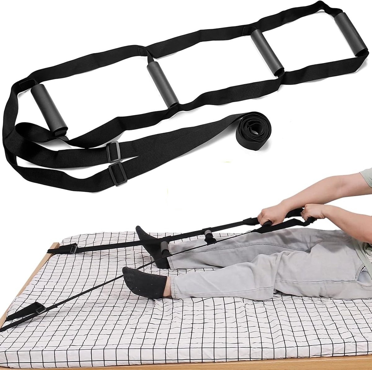 Bedtouwladder - Zwarte Tilliftriem 220cm - 4 Antislip Handvatten - Tillifthulpmiddel voor Bed - Hulpmiddel voor Mobilititeit