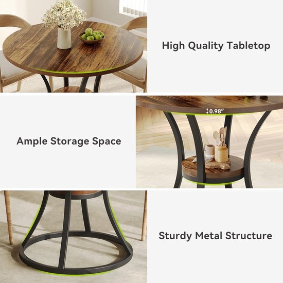 Collage: Houten tafelblad, extra opbergruimte, stevige metalen structuur.