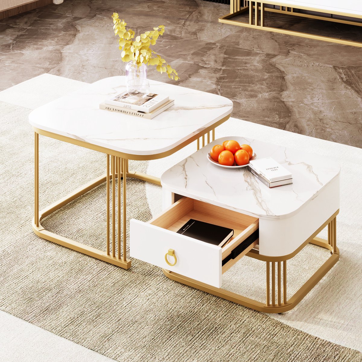 REDOM Nestbare bijzettafels set (2-delig) in hoogglans marmerlook wit met gouden metalen accenten, MDF, lade