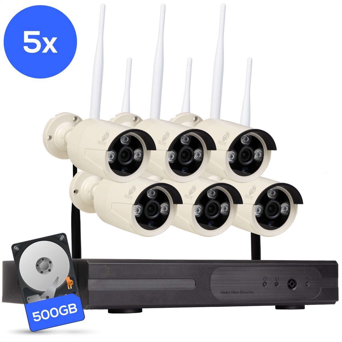 Teceye Compleet Camera Beveiliging Set met 5x Wifi IP Camera - CCTV Camerasysteem - Beveiligingscamera binnen - Wifi Beveiligingscamera Set Buiten - Beveiligingscamera - Beveiligingscamera buiten - Beveiligingscamera Draadloos buiten